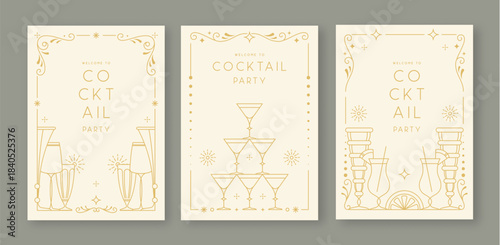 Set of line art retro cocktail party posters with cocktail and champagne glasses. Holiday frames. Vector illustration