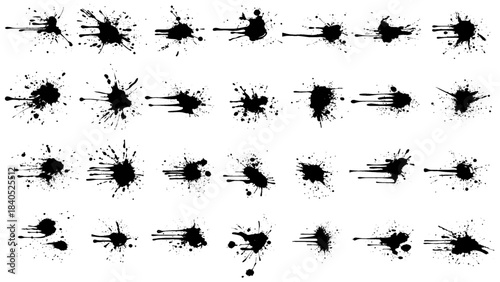 Big collection of Grunge ink splatter. Splash of paints, spray drops staining set. Illustration splash and drip design, silhouette blob spray collection