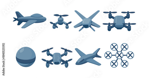 Drone and airplane set, aerial vehicles, flat vector illustration