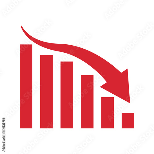 Graph going down sign with red arrows vector. Bar chart symbol icon with arrow moving down and sales bar chart.