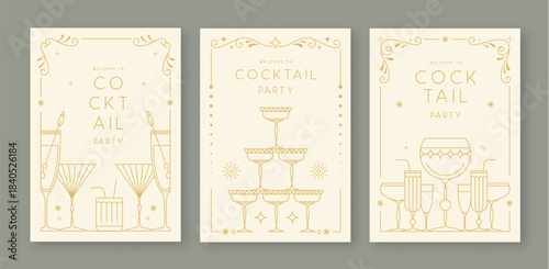 Set of line art retro cocktail party posters with cocktail and champagne glasses. Holiday frames. Vector illustration