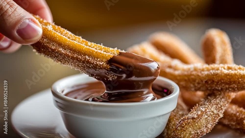 hand dipping churro chocolate sauce