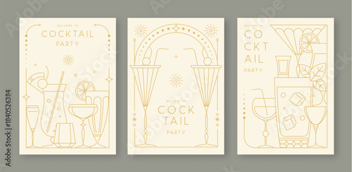 Set of line art retro cocktail party posters with cocktail and champagne glasses. Holiday frames. Vector illustration
