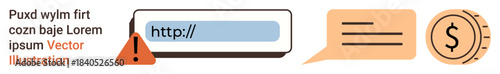 Online security, communication, e-commerce, error messages, internet navigation, finance. Screen showing alert icon, URL bar speech bubble and money icon. Online security and communication