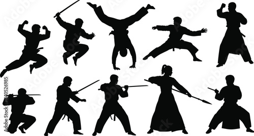 Large set of martial arts silhouettes vector illustration, people practicing various combat sports with traditional swords, staffs, and dynamic fighting poses for training.