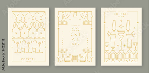 Set of line art retro cocktail party posters with cocktail and champagne glasses. Holiday frames. Vector illustration