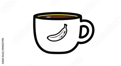 White coffee mug with banana illustration and dark coffee inside.