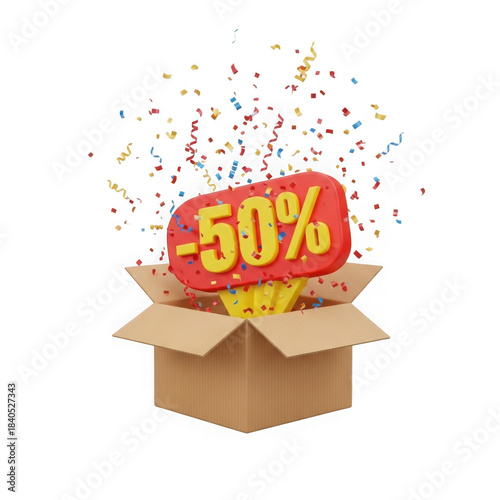 Discount offer emerging from a box isolated on transparent background