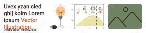 Technology, innovation, sustainability, data analysis, creativity, nature . A light bulb, growth chart with plants and a landscape icon. Innovation and sustainability concept