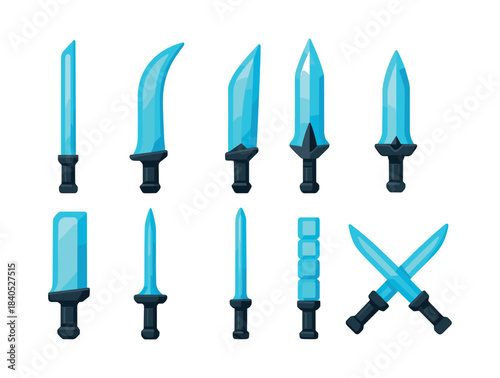 Blue sword collection, flat vector illustration, swords, daggers, weapons set
