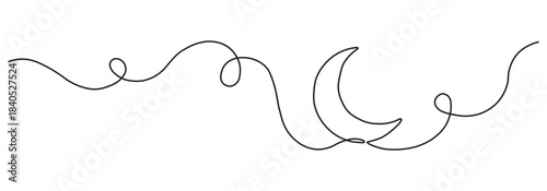 Simple continuous one line drawing of a crescent moon in the night sky. Minimalist celestial, nature, and tranquility vector illustration.