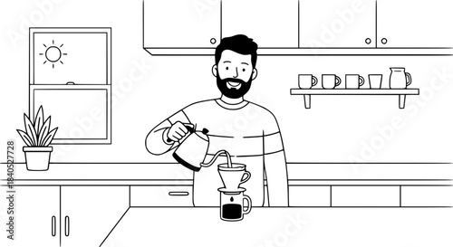 A man with a beard carefully pours hot water from a kettle into a pour-over coffee maker on a kitchen counter.