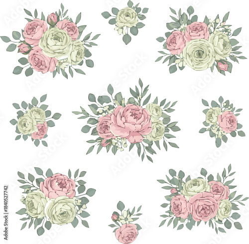 Create Set of floral bouquets on a white background. Wedding concept with flowers. Floral spring poster, invite. Vector illustration for greeting card or invitation design