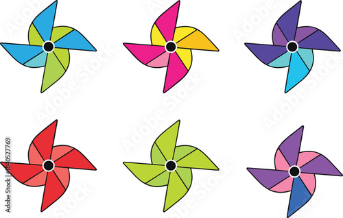 Colorful pinwheel illustration set featuring vibrant spinning wind toys, playful rotating shapes, and bright decorative vector designs for children’s art and creative projects.