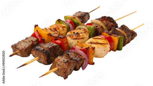 Canvas Print Delicious grilled beef and scallop shish kebabs with vibrant grilled vegetables