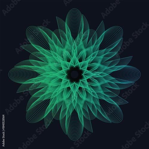 Intricate generative art flower with a vibrant teal green gradient featuring complex symmetrical line patterns ideal for modern digital backgrounds or abstract design elements