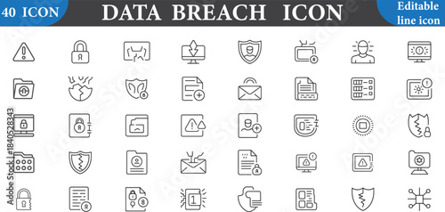 Collection of thin line cybersecurity icons representing data protection and network security