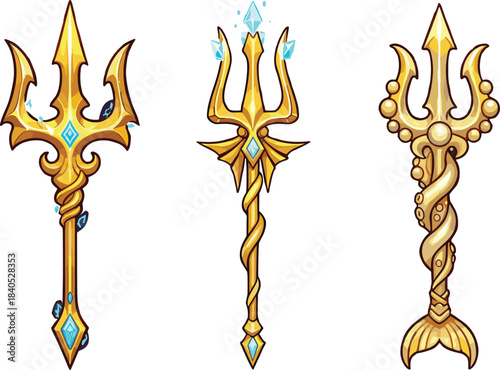 Golden fantasy trident collection featuring magical weapon designs, ornate decorative details, glowing crystals, and mythical ocean-themed elements for creative illustration projects.