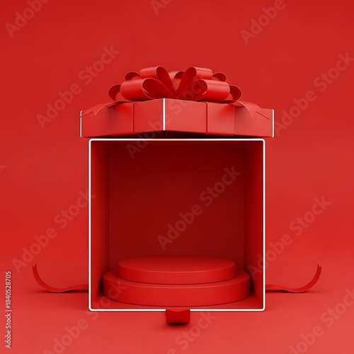 Open red gift box with ribbon on red background minimalist studio shot