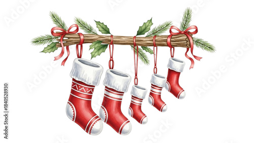 Christmas Stockings Garland for Family of Five with Pine Branch, Holly Leaves and Red Bows, Festive Holiday Decoration, Watercolor Illustration