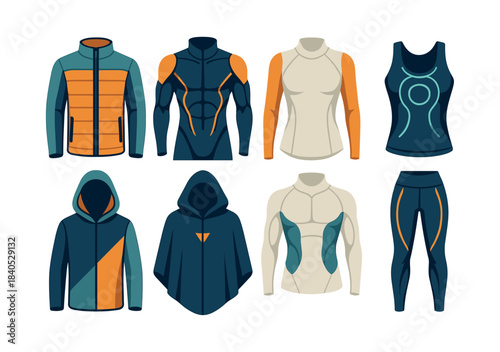 Sports attire collection, jackets, hoodies, activewear, flat vector illustration