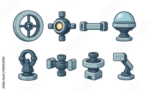 Futuristic gadget parts, flat vector illustration, technology, machinery elements