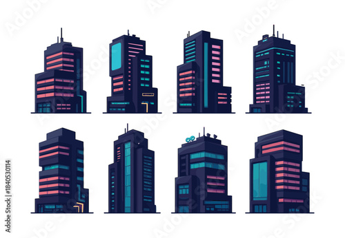 Skyscraper cityscape, modern high-rises, urban skyline, flat vector illustration