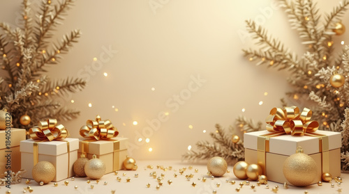 Christmas And New Year Decor In Elegant Gold And Beige Color Palette.