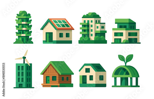 Eco-friendly buildings, green architecture, sustainability, flat vector illustration