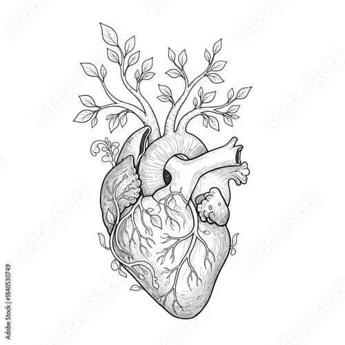 Botanical Human Heart Vector Anatomy Diagram