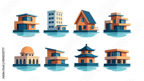 Modern architecture series, flat vector illustration, contemporary building designs