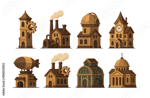 Steampunk architecture, gears, domes and factories, flat vector illustration