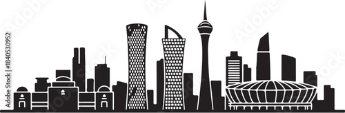 Flat vector Doha skyline silhouette including Museum of Islamic Art, Burj Doha, Aspire Tower, Lusail Stadium, minimal clean style, no gradients, white background, perfect for Qatar Victory Day graphic