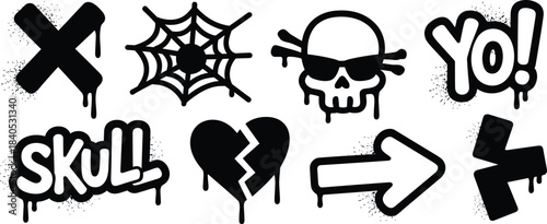 Black and white graffiti street art symbols collection, dripping paint style, skull and heart icons, urban street lettering design illustration