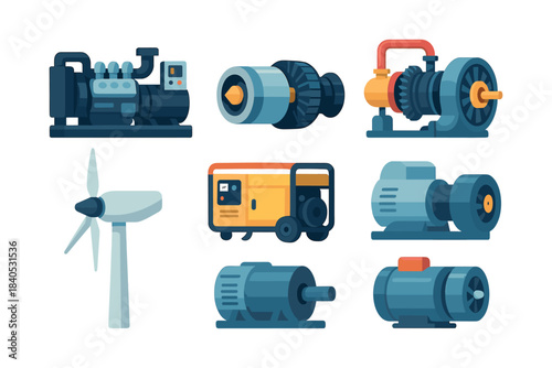 Industrial machine collection, motors, generators, turbines, flat vector illustration