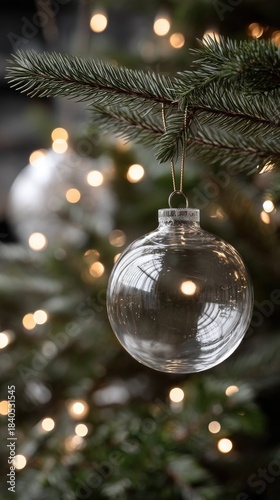Elegant glass ornament hanging with golden glitter against a soft bokeh background during the holiday season