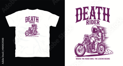 Astronaut death rider motorcycle adventure graphic t-shirt design where the road ends the legend begins