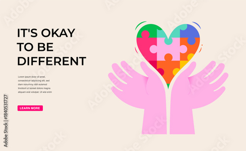 Hands holding colorful puzzle heart. Autism Awareness Day concept poster and banner design
