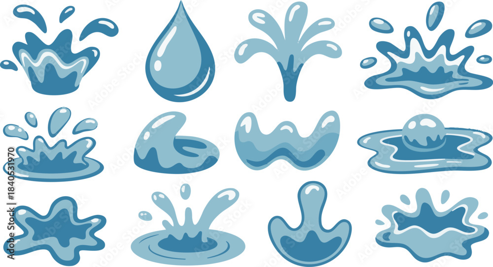 Fototapeta premium Water icon illustration set_Materials such as waves, fountains, water surfaces, water drops, and water splashes