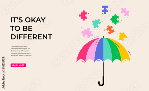 Umbrella in rainbow colors with colorful puzzle pieces. Autism Awareness Day. Concept poster, banner design