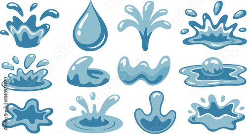 Water icon illustration set_Materials such as waves, fountains, water surfaces, water drops, and water splashes