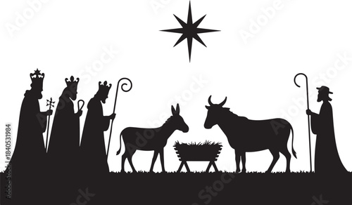 Christmas nativity scene silhouette set. Vector illustration of Biblical characters including three wise men shepherd and holy family