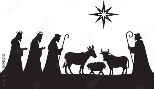 Christmas nativity scene silhouette set. Vector illustration of Biblical characters including three wise men shepherd and holy family