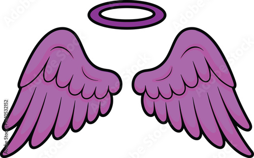 Cartoon angel wings with golden halo, white feathered wings illustration, fantasy divine symbol, celestial spiritual artwork, heavenly design element