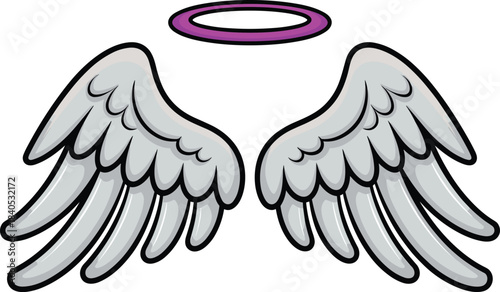 Cartoon angel wings with golden halo, white feathered wings illustration, fantasy divine symbol, celestial spiritual artwork, heavenly design element