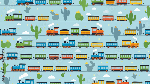 Seamless pattern of colorful cartoon steam trains traveling across a whimsical desert landscape background