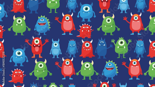 Seamless pattern of cute colorful cartoon monsters with one eye and horns on dark blue background