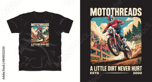 Motocross rider racing through a dirt track with cheering crowd and forest background illustration