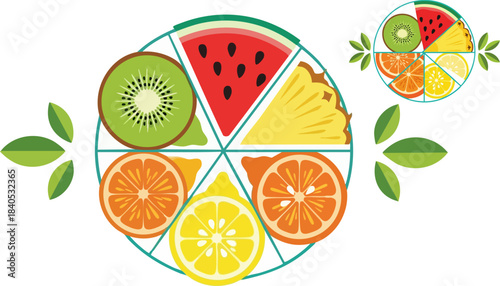 Vibrant circular arrangement of sliced fresh tropical fruits forming a healthy colorful food design element