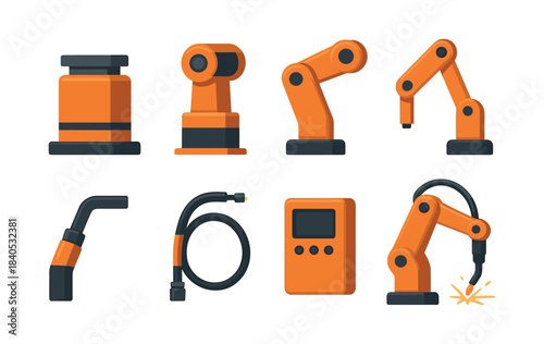 Robotic arms and industrial tools, flat vector illustration, automation, engineering